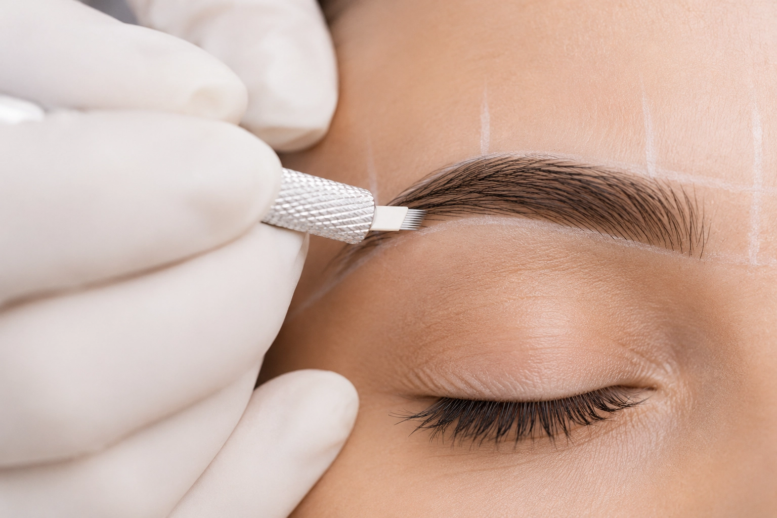 Die Augenbrauen einer Frau werden durch Microblading behandelt